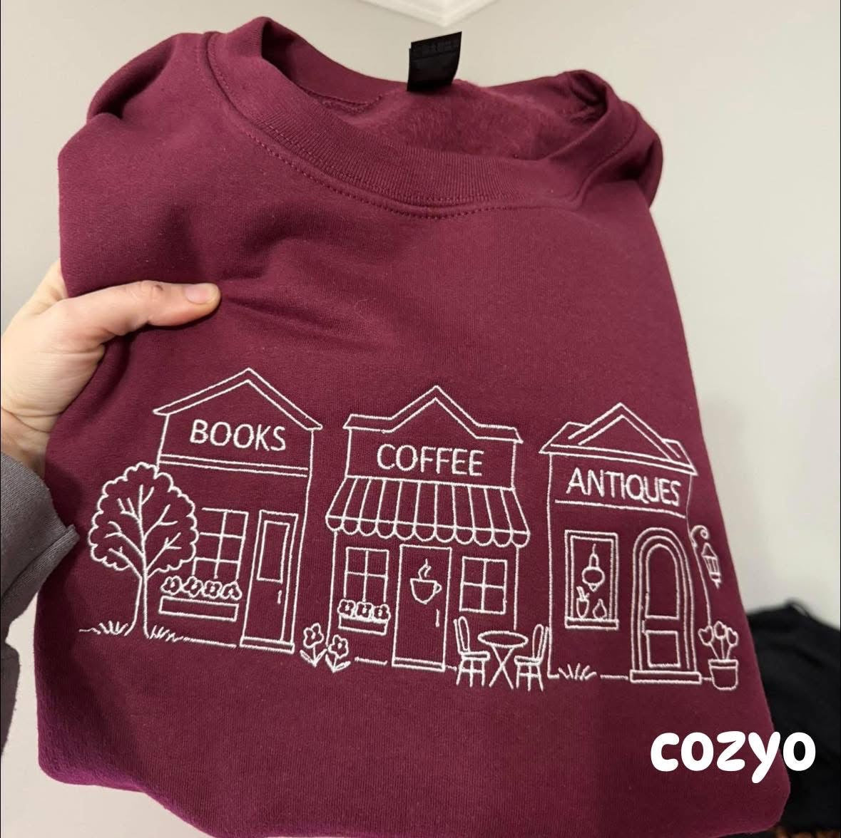 Books Coffee Antiques Embroidered Sweatshirt