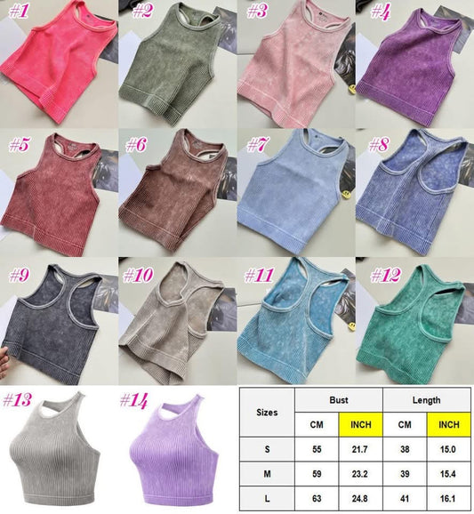 Washed Knitted Ribbed Cropped Racer Tanks