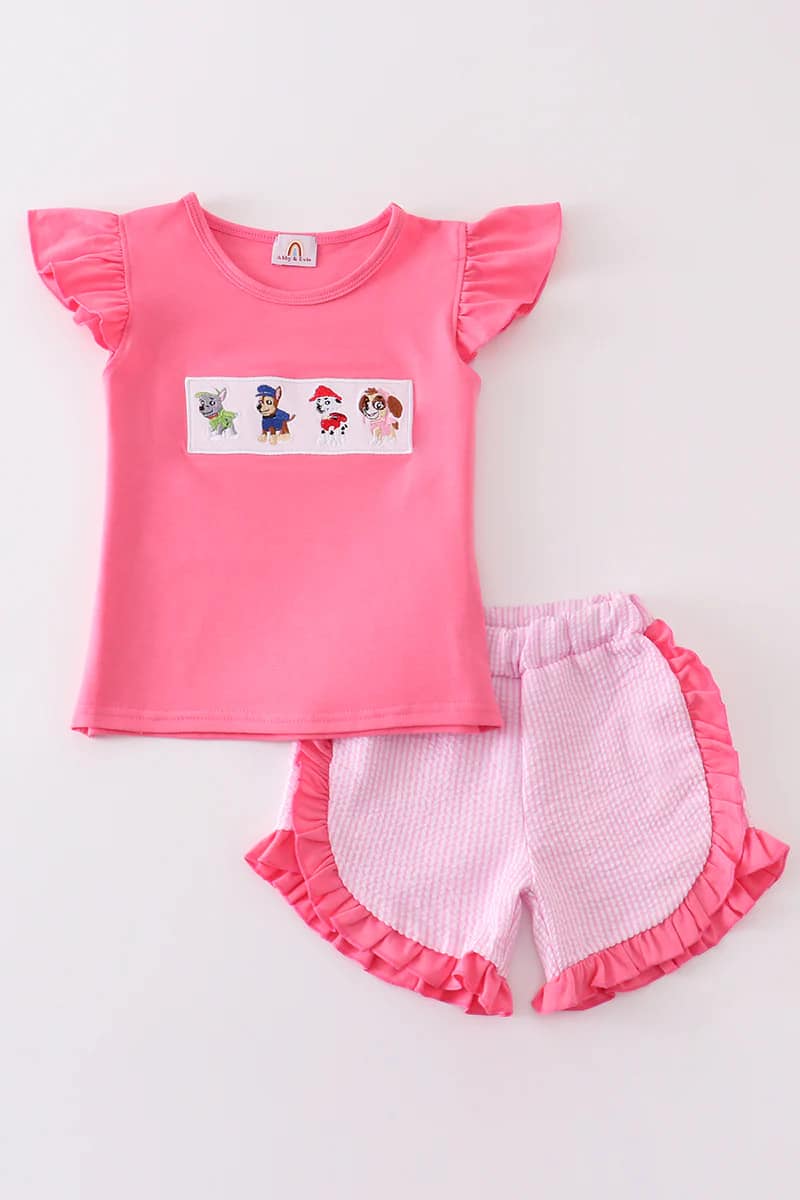 Pink Seersucker Dog Embroidery Girl Set