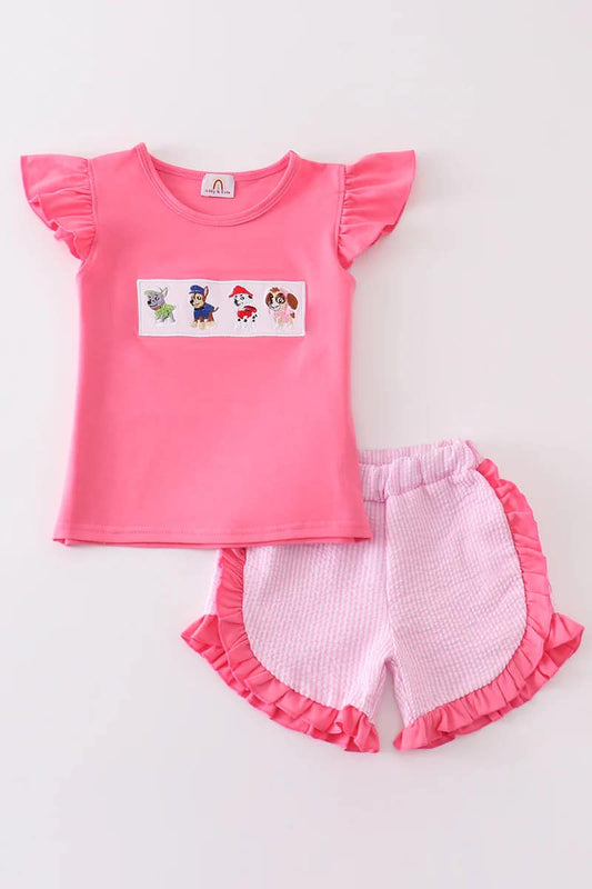 Pink Seersucker Dog Embroidery Girl Set