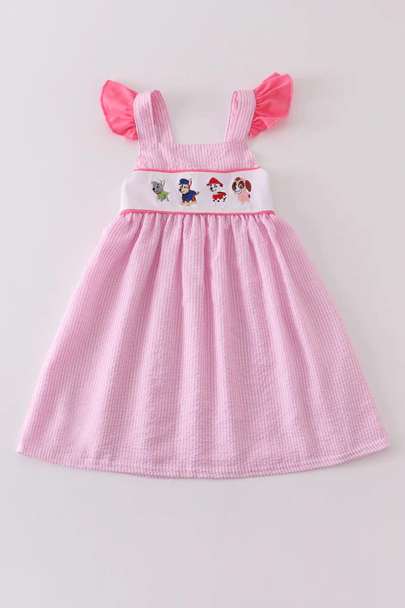 Pink Seersucker Dog Embroidery Ruffle Dress