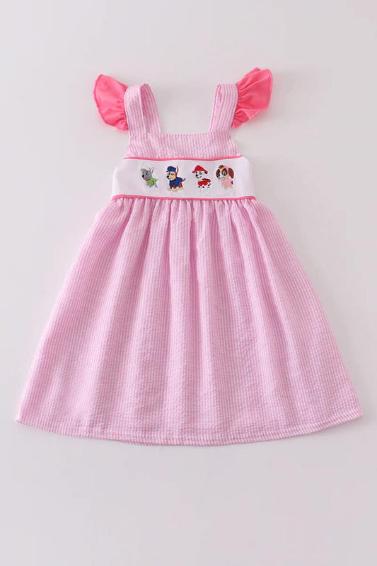 Pink Seersucker Dog Embroidery Ruffle Dress