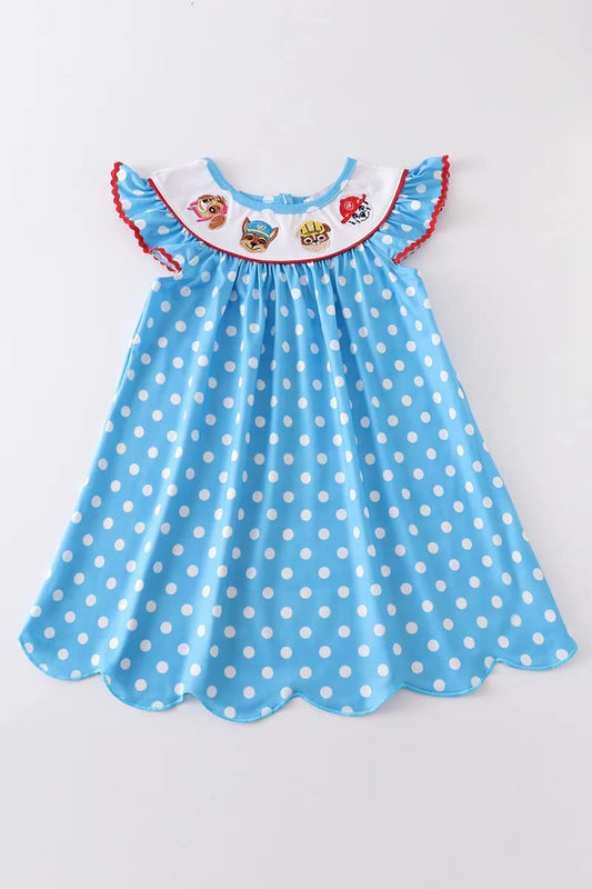 Blue Dog Embroidery Dot Dress