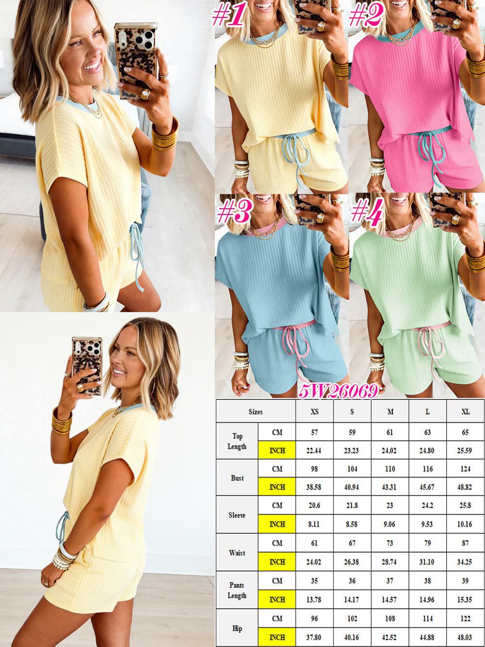 Soft Ribbed Color Block Trim Casual Short Set 5W26069