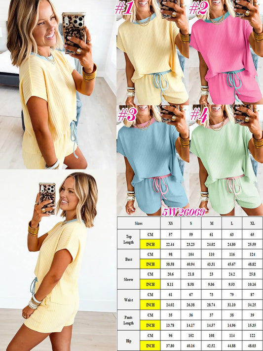 Soft Ribbed Color Block Trim Casual Short Set 5W26069