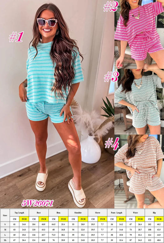 Stripe Raised Rib Loose Tee & Short Set 5W26071