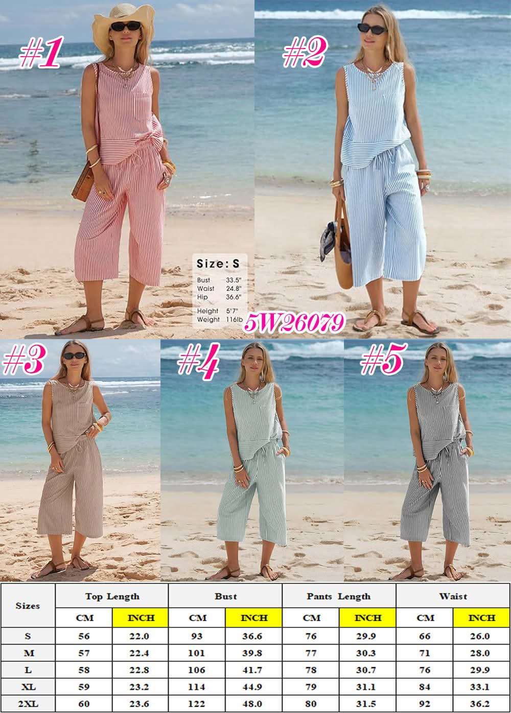 Striped Sleeveless Top & Cropped Pant Set 5W26079