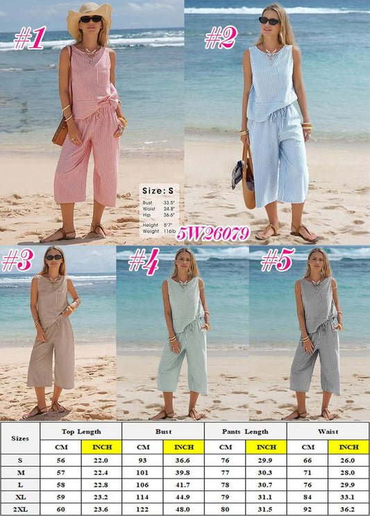 Striped Sleeveless Top & Cropped Pant Set 5W26079