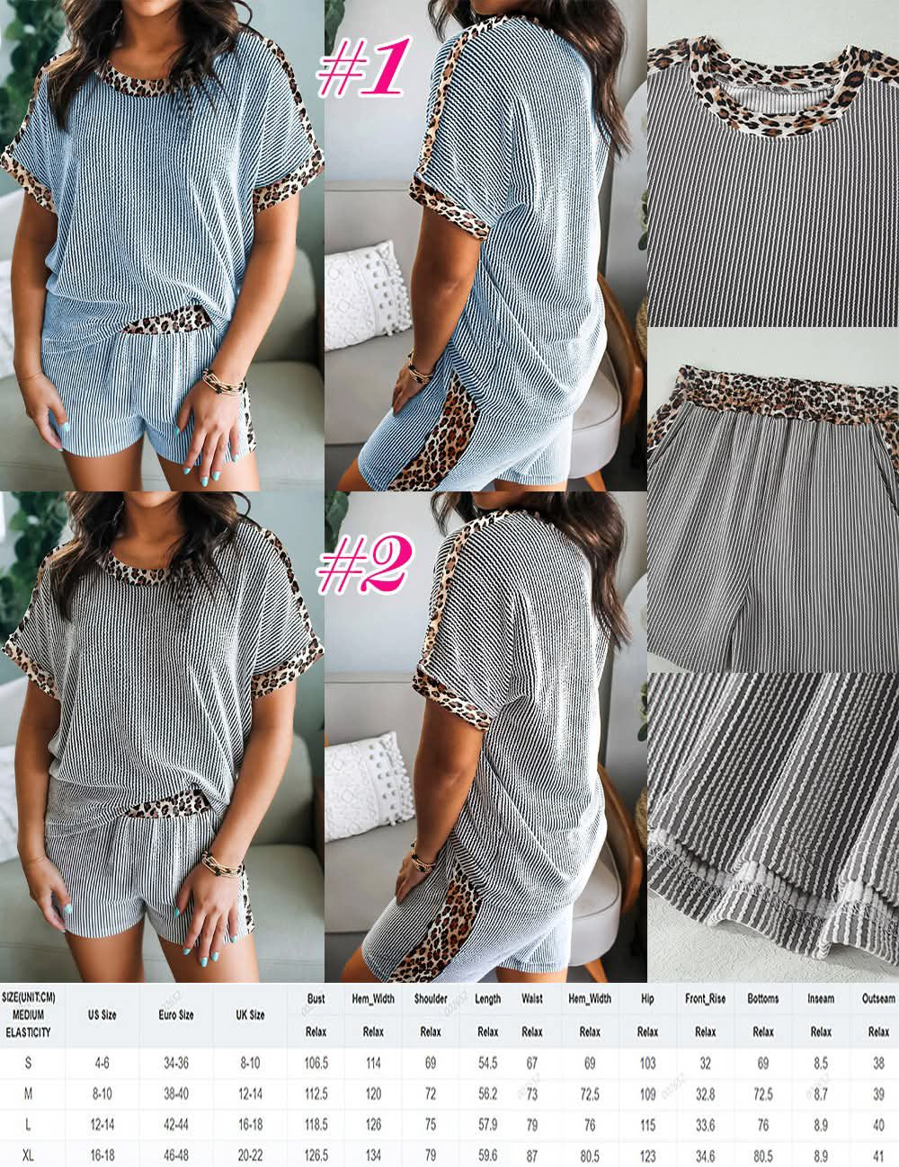 Ladies Leopard Print Ribbed Knit Short Set