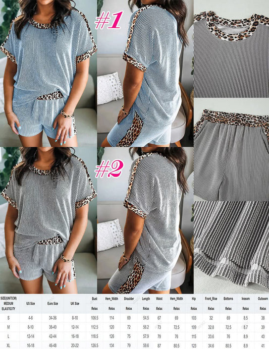 Ladies Leopard Print Ribbed Knit Short Set