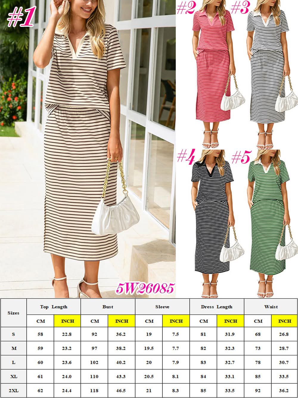 Striped Knit Two Piece Polo Maxi Skirt Set 5W26085