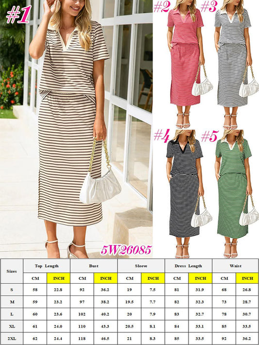 Striped Knit Two Piece Polo Maxi Skirt Set 5W26085