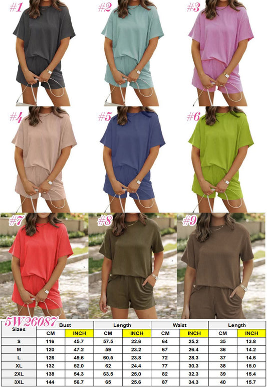 Women's Ribbed T-Shirt + Shorts Casual Set 5W26087