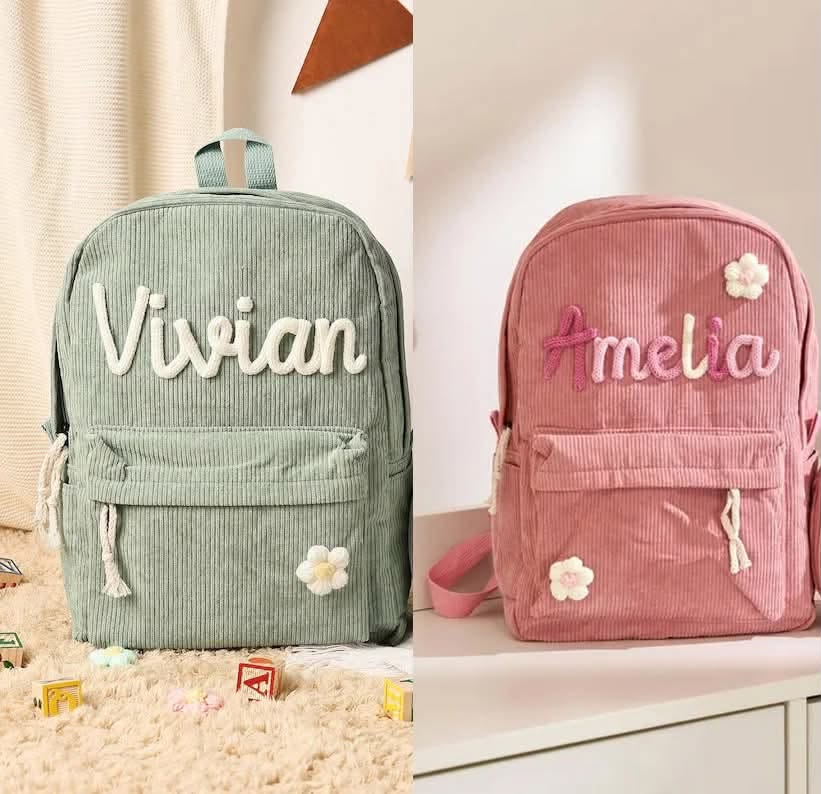 Handmade Embroidery Name Corduroy Backpack