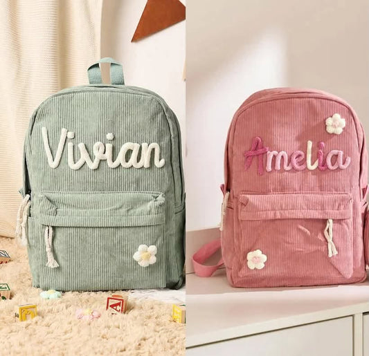 Handmade Embroidery Name Corduroy Backpack