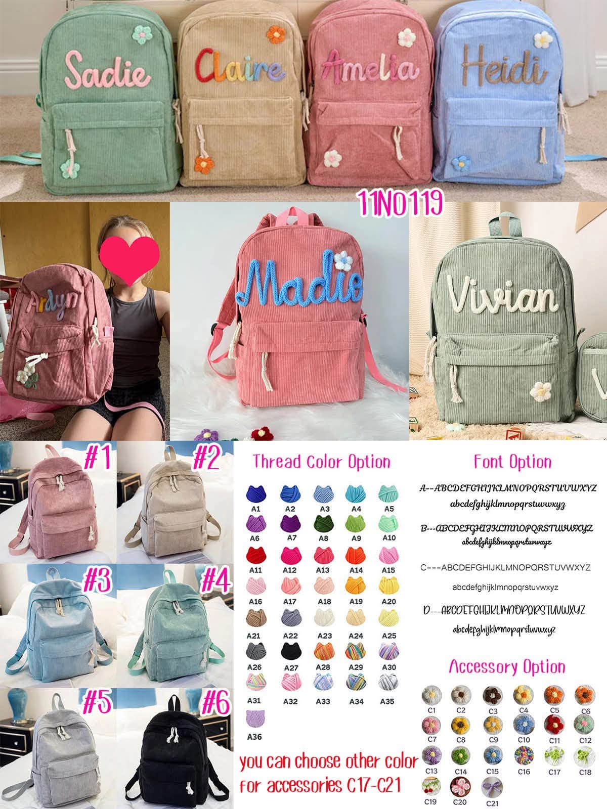 Handmade Embroidery Name Corduroy Backpack