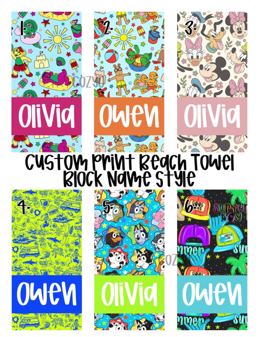 Custom Print Beach Towel Block Name Style