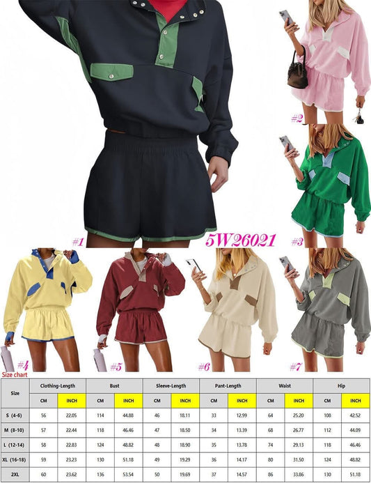 Quarter Button Colorblock Pullover Shorts Set