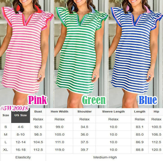 Contrast V-Neck Flutter Sleeve Striped Dress 5W26018