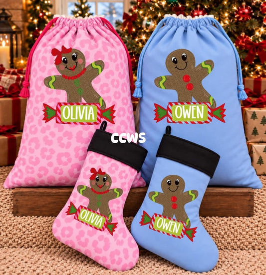 Custom Gingerbread Name Tag Santa Sack