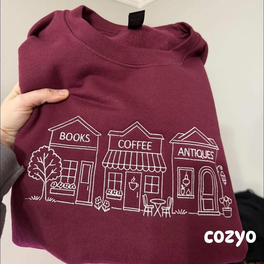 Books Coffee Antiques Embroidered Sweatshirt