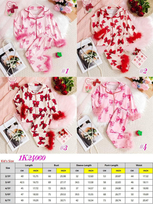 Kids Bow Fur Edged Pajama Sets